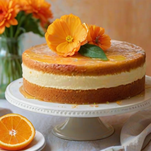 Create a vibrant and inviting image of a freshly baked orange cake. The cake should be round and golden, with a smooth, slightly caramelized top. Decorate it with thin slices of orange, delicate edible flowers, and fresh green leaves. The scene should have a soft, natural light, highlighting the cake's texture, and there should be a slice cut out to show the moist interior. Place the cake on a white cake stand with a light, airy background.