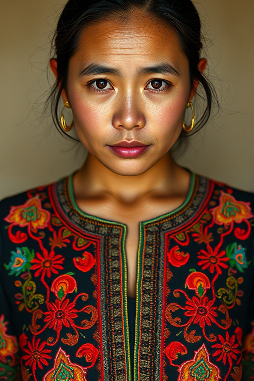 Face, shoulders, chest covered in openwork Hmong embroidery. Raw, unedited image.