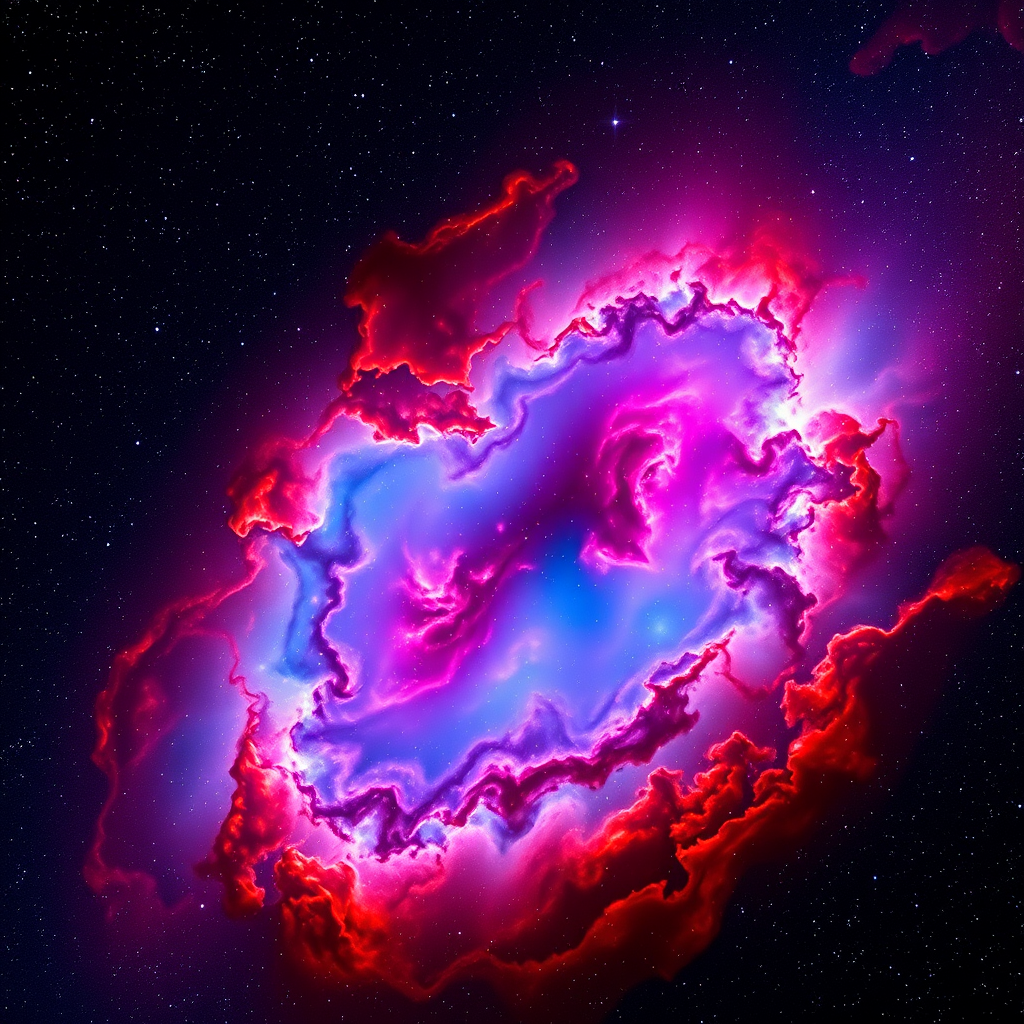 Create an image of a colorful nebula in deep space with vibrant blues, purples, and reds, using a DSLR camera at ISO 100, f/2.8 aperture, 30-second exposure, landscape view, and HDR style to enhance details and clarity.