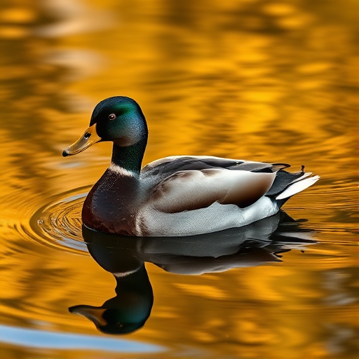 A close-up shot of a female duck gliding across a shimmering water surface, capturing reflections of autumn leaves in vibrant yellows and oranges, use a DSLR camera with a 50mm lens, aperture f/2.8, ISO 100, shutter speed 1/100 sec, natural light setting.