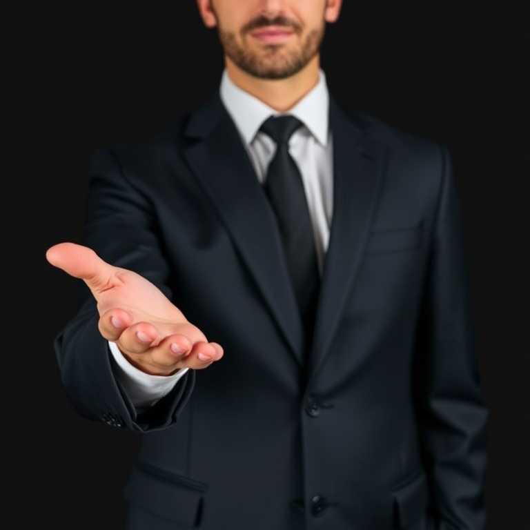 a business person in a suit extending their empty palm as if presenting something, with a plain black background