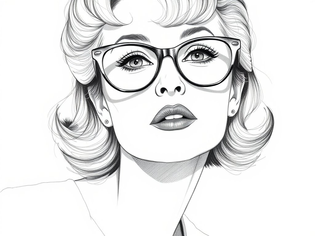 Beautiful Bette Davis, pencil sketch, portrait of beautiful woman 60s in glasses, hair style beatnik, outline, clear lines, fine lines, 8k