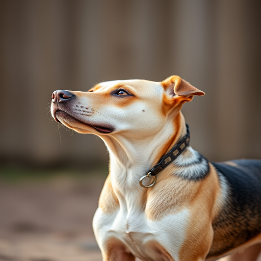 Create a high-resolution image of a standing dog in profile, using a DSLR camera with a 50mm lens, aperture set to f/2.8 for shallow depth of field, ISO 200, and natural lighting, captured from eye level to emphasize the dog's features.