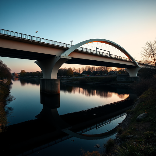 Photograph a modern arch bridge over a calm river, with reflections on the water, taken at sunset with a Canon EOS R5, 35mm lens, f/8, ISO 200, 1/250s, using a wide-angle view and a vibrant color style.