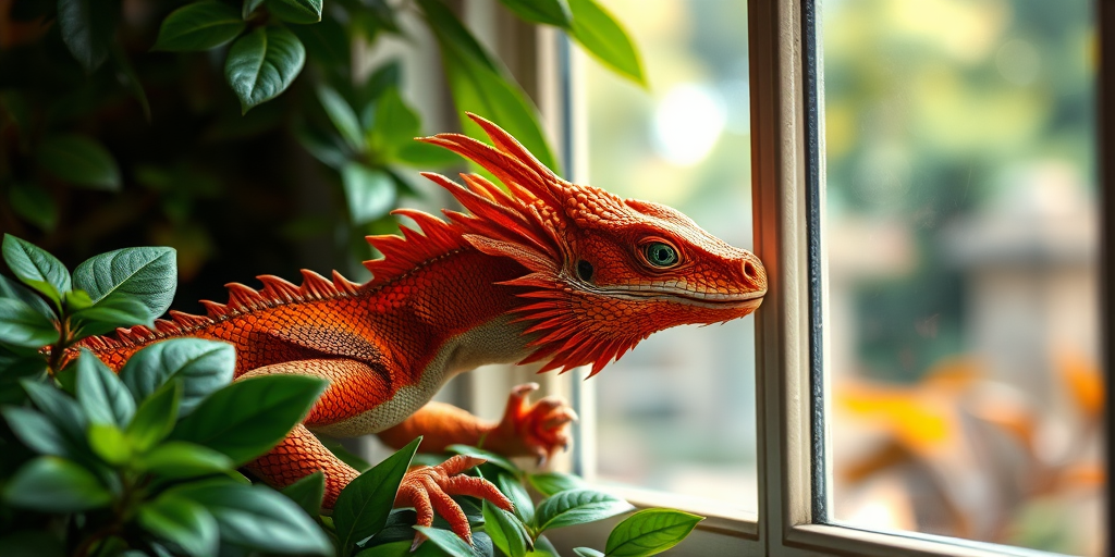A vibrant dragon entwined with lush green foliage, gazing out of a sunlit window with intricate details, soft focus background, using a DSLR camera, 50mm lens, f/2.8 aperture, natural lighting.