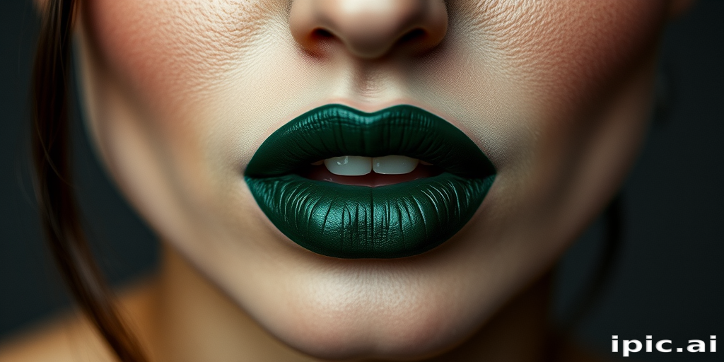 Bewitching woman lips painted in a deep forest green matte, unconventional and daring, precisely lined, challenging traditional beauty norms