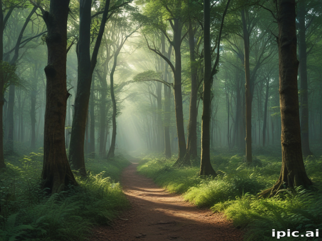Serene Pathway Through Lush Green Forest Bathed in Soft Morning Light