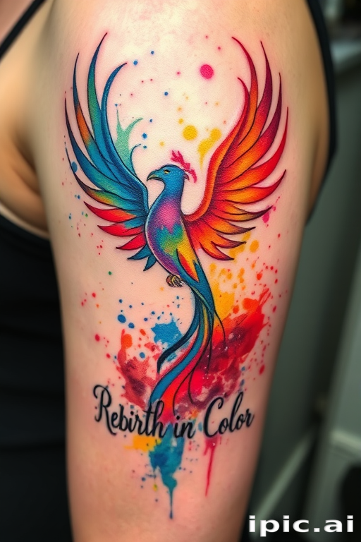 Abstract watercolor tattoo showcasing splashes of vibrant colors forming a phoenix rising from ashes, with loose, expressive brushstrokes, named "Rebirth in Color"