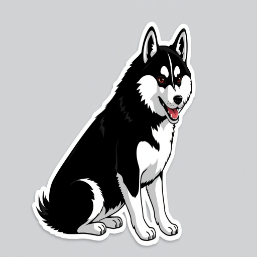 generate sticker, 3D black and white yakutian laika dog breed, black background