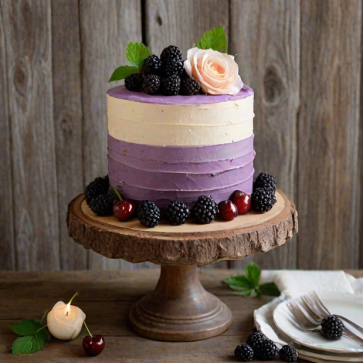 Create an image of a beautifully layered cake on a white pedestal. The cake should have a mix of light and dark purple frosting, decorated with fresh blackberries, cherries, and a large flower on top. Surround the cake with a rustic wooden backdrop and scattered flowers for an elegant presentation.