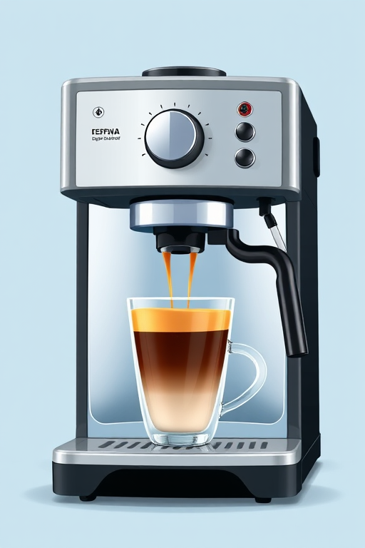 Create a high-resolution vector illustration of a modern espresso machine with a transparent water tank, showcasing a freshly brewed espresso dripping into a clear glass cup, set against a soft blue background, with precise details for buttons and knobs, captured from a slightly elevated angle using a DSLR camera at f/4, ISO 100, and 50mm lens for a sharp focus and smooth depth of field.