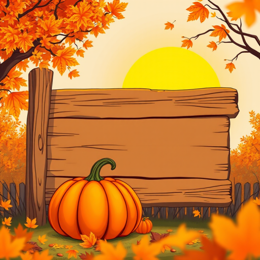 Generate a vibrant autumn-themed illustration featuring a large orange pumpkin beside a blank wooden sign, warm yellow sun in the background, captured with a DSLR camera at f/4, ISO 100, shutter speed 1/200s, wide-angle view, and a soft focus style to enhance color richness and detail.