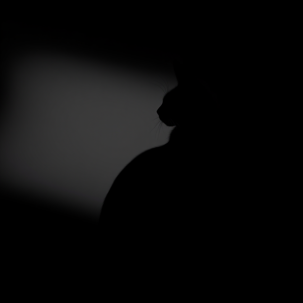 Create a high-contrast silhouette of a cat sitting gracefully, shot with a DSLR camera at f/2.8, ISO 100, 50mm lens, side view, on a black background, emphasizing sharp details and smooth edges.