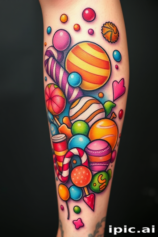 Vibrant new school tattoo called "Candy Crush Dreams" with bold outlines and exaggerated cartoon-style elements depicting a whimsical and colorful scene of fantastical sweets and treats on the leg