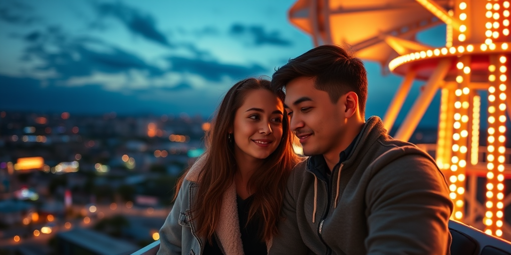 Warm, intimate photo of a young couple sharing a quiet moment on a ferris wheel at dusk, soft glow from the city lights below reflecting off their faces, distant music and laughter filling the air, a sense of romance and adventure captured.