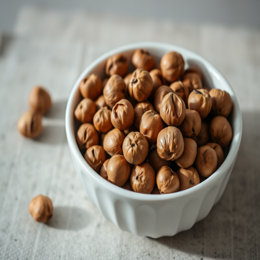 a close-up shot of a white bowl filled with hazelnuts on a textured surface, use a DSLR camera with a 50mm lens, aperture set to f/2.8 for shallow depth of field, ISO 200, soft natural lighting for an inviting atmosphere, shooting from above at a 45-degree angle