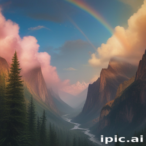 Majestic Mountain Landscape with Lush Forests and a Vibrant Rainbow