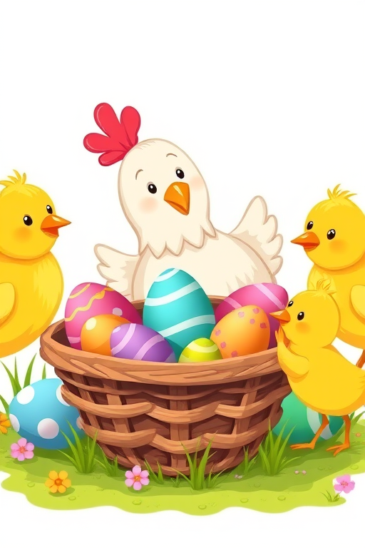 Create a vibrant digital illustration of a cartoon chicken and three yellow chicks surrounding a basket filled with colorful Easter eggs, use a wide-angle lens with an aperture of f/4, ISO 100, natural light, in a playful and cheerful style.