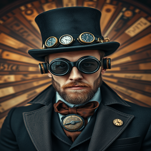 Create a steampunk-inspired portrait of a gentleman with a top hat and goggles, featuring intricate clockwork accessories, set against a vintage radial burst background, captured with a Canon EOS R5 at f/1.8, ISO 100, 1/200s, using a soft focus lens for a dreamy effect.
