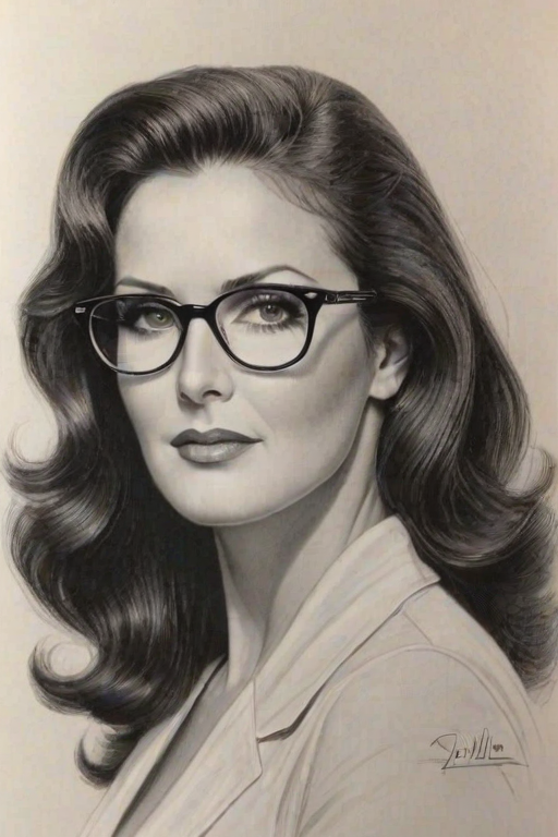 Beauteous Lynda Carter, pencil sketch, portrait of Sublime woman 1936s in glasses, hair style beatnik, outline, clear lines, fine lines, 8k