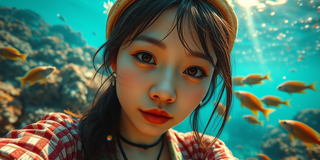 Realistic selfie image of a Asian, wearing a vintage outfit, detailed dreamy eyes, droopy hooded eyes, staring at the camera, taken underwater at coral reef with a sunbeam filtering through the water, vibrant, summer vacation, natural lighting, turtle and school of tropical fish with vibrant colors, rendered in the style of CryEngine, Pegi Nicol MacLeod, with realistic genre scenes, hauntingly beautiful narratives, ultra-realism, and Thomas Saliot's close-up technique, 8K resolution, crystal clear and sparkling water.