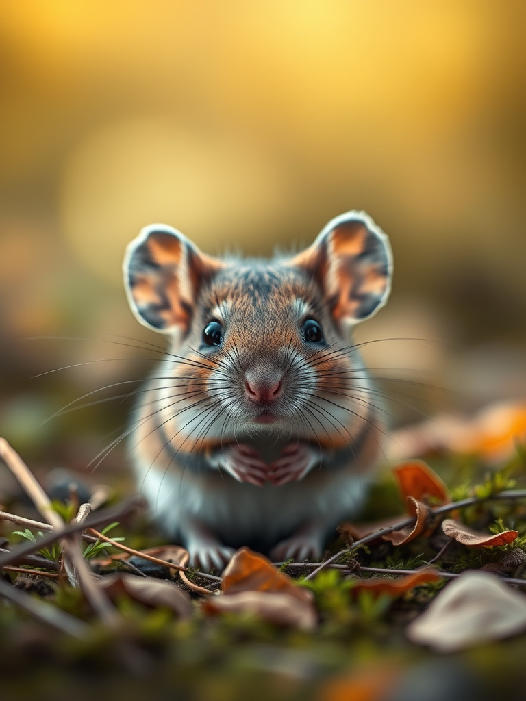 a realistic illustration of a mouse in a natural setting, close-up perspective, soft focus background, 50mm lens, aperture f/2.8, ISO 100, natural lighting