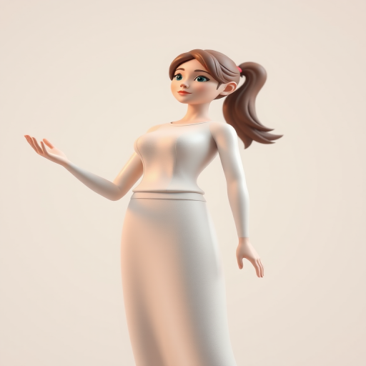 Generate a high-resolution 3D character image of a female figure standing and gesturing with one hand, using a Canon EOS 5D Mark IV camera, 85mm lens, f/1.8 aperture, ISO 100, in soft natural lighting, with a slight vignette effect for depth.