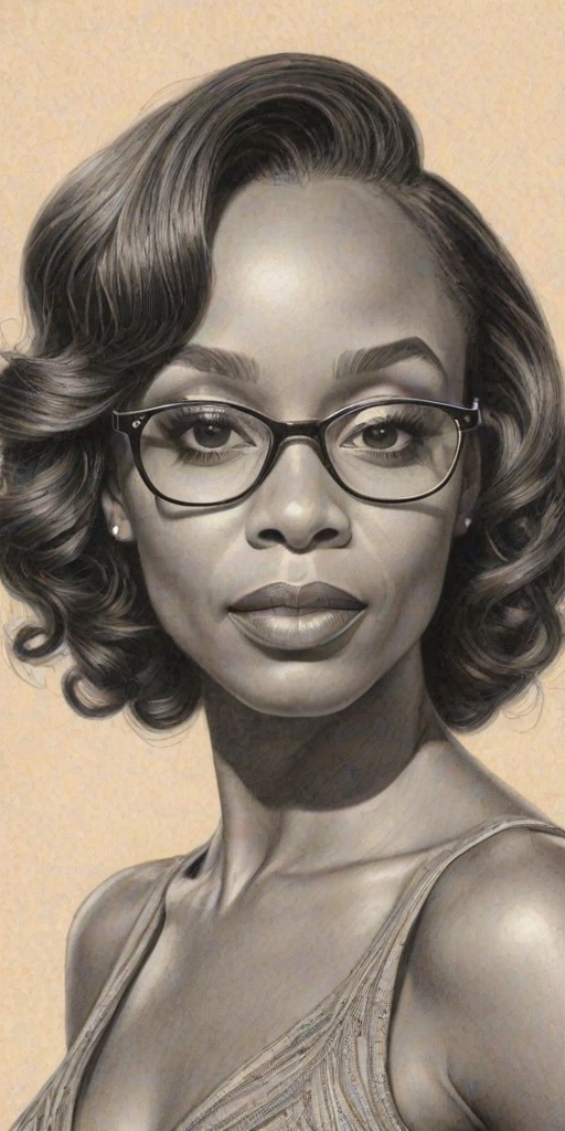 Radiant Anika Noni Rose, pencil sketch, portrait of Dazzling woman 1935s in glasses, hair style beatnik, outline, clear lines, fine lines, 8k