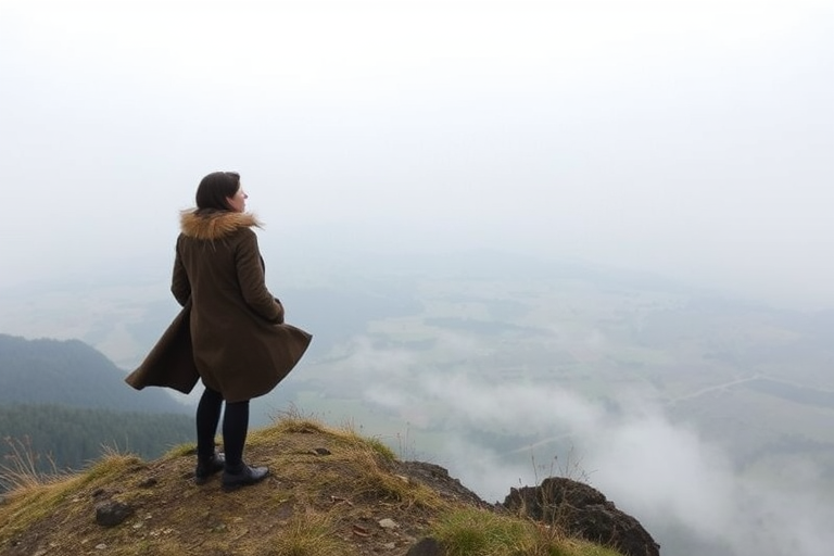 Foggy hilltop overlooking a valley, a woman stands at the edge, her coat flapping in the wind, staring at the vast expanse of land stretching out below.