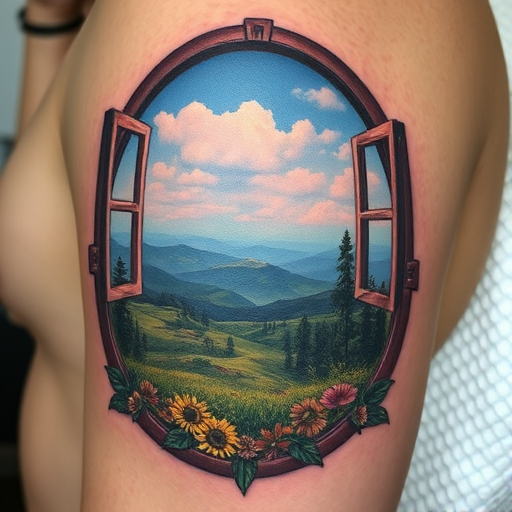 Photorealistic color tattoo titled "Nature's Canvas" depicting a lifelike landscape scene with meticulous attention to detail in natural colors creating the illusion of a window on the skin