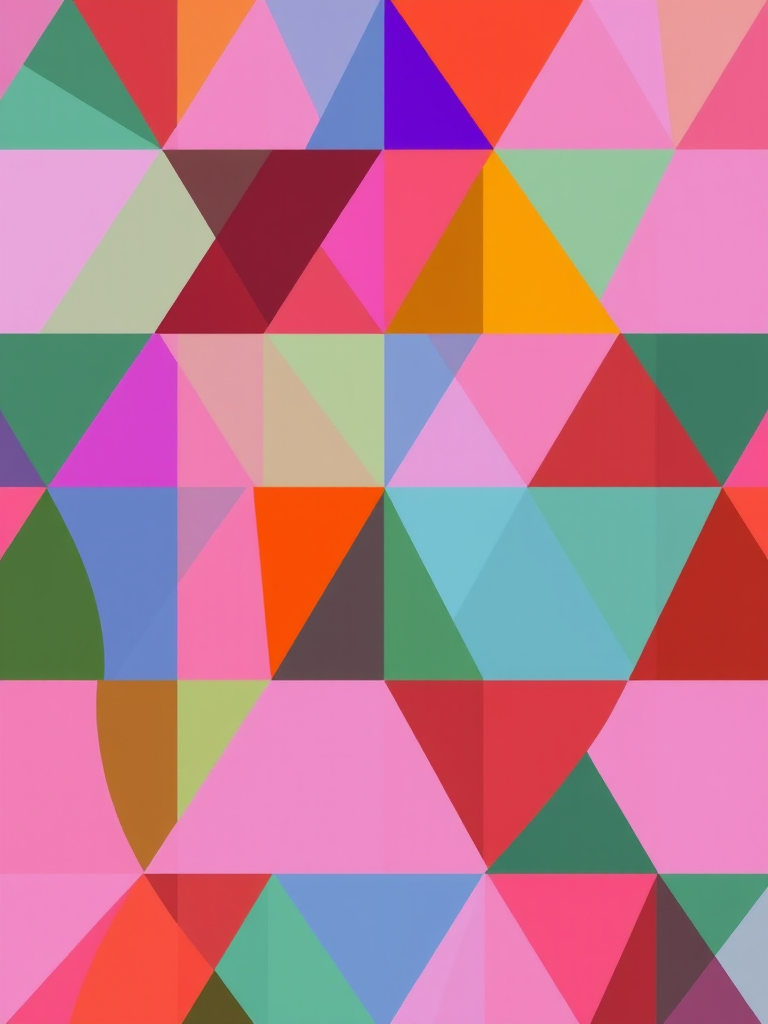 Create a vibrant geometric pattern featuring colorful overlapping triangles and rectangles in a grid layout with high contrast colors, using a DSLR camera at f/8, 1/125 sec shutter speed, ISO 200, shot from a straight-on view to enhance clarity and detail.