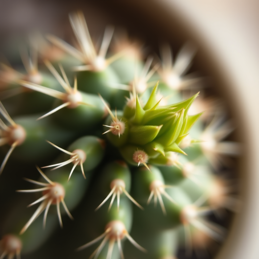 Close-up of a cactus with a young green growth, shallow depth of field, focus on the spiky texture, soft blurred background, aperture f/2.8, ISO 100, shutter speed 1/250s, macro lens, DSLR camera.