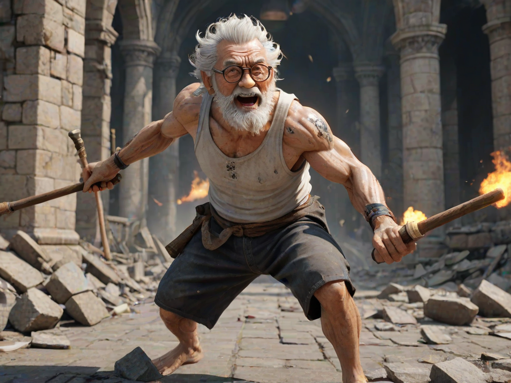 Cartoon 3D High-Resolution,dynamic battle scene using Unreal Engine 5 and Octane Render. The scene features back of an elderly, thai man with a beard,messy hair and round golden-rimmed glasses. He is wearing a tattered tank top with soot marks, shorts, and sandals. sweating. he wields a baseball bat. He jump to fight with a white fire-breathing Europe dragon amidst a partially destroyed stone castle. Include intense flames, smoke, and debris to enhance the dramatic effect.