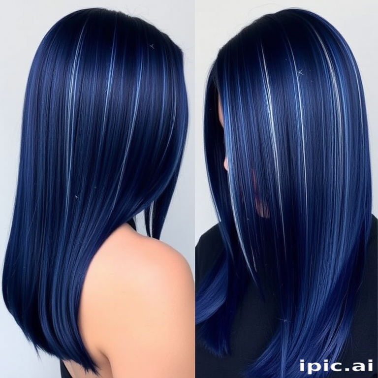 Midnight blue waist-length straight hair with silver streaks resembling shooting stars, named "Celestial Dream" look, showcasing a sleek and glossy finish