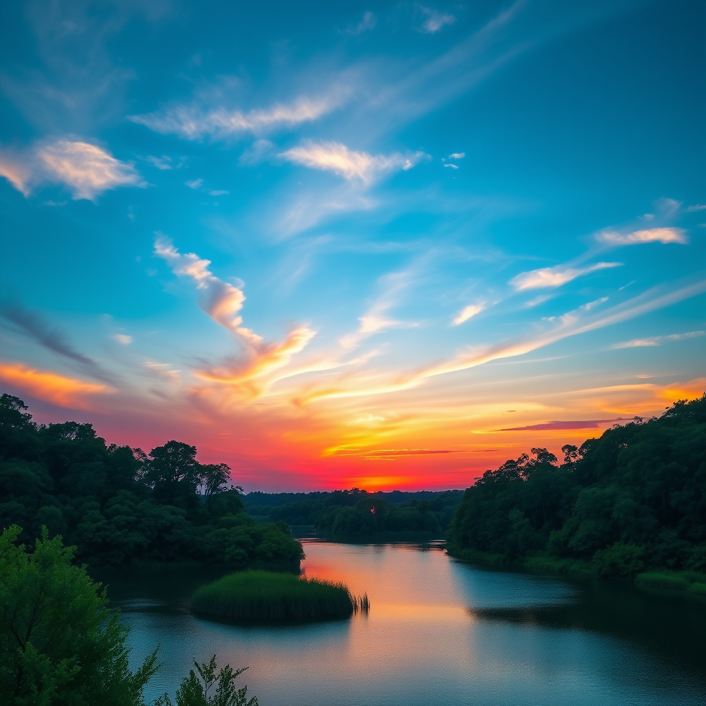 Generate a high-resolution image of a serene landscape featuring a vibrant sunset over a calm lake surrounded by lush greenery, shot with a Canon EOS R5 at f/8, ISO 100, 1/200s, using a wide-angle lens with a view of the horizon to capture the full spectrum of colors in the sky.