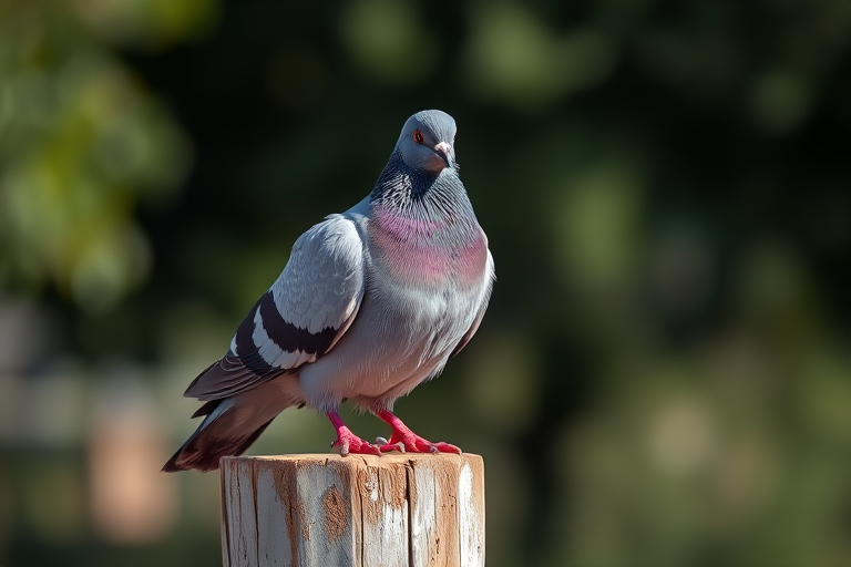 Capture a detailed close-up of a pigeon perched on a weathered post with a blurred natural background, using a 50mm lens, aperture f/2.8, ISO 200, shutter speed 1/500 sec, shot in natural light with a DSLR camera for high clarity and depth of field.