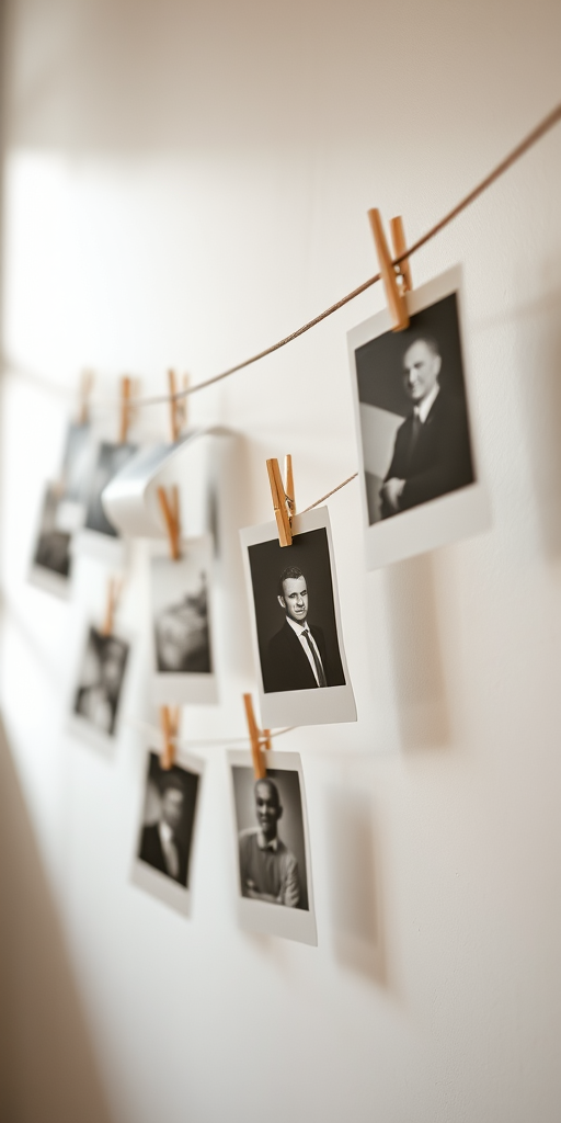 photograph of black and white photos hanging on a string with clothespins against a plain wall, captured with a Canon EOS R5, 50mm lens, f/1.8 aperture, ISO 200, 1/125 sec shutter speed, soft natural light from the left, shallow depth of field for enhanced background blur