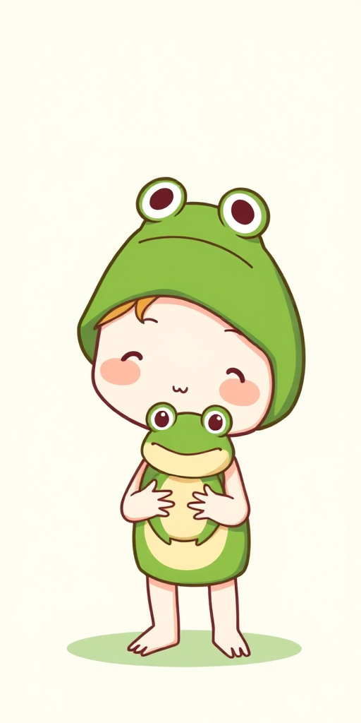 Cute cartoon character holding a small frog with a frog hat on its head against a light green background, simple and playful style.
