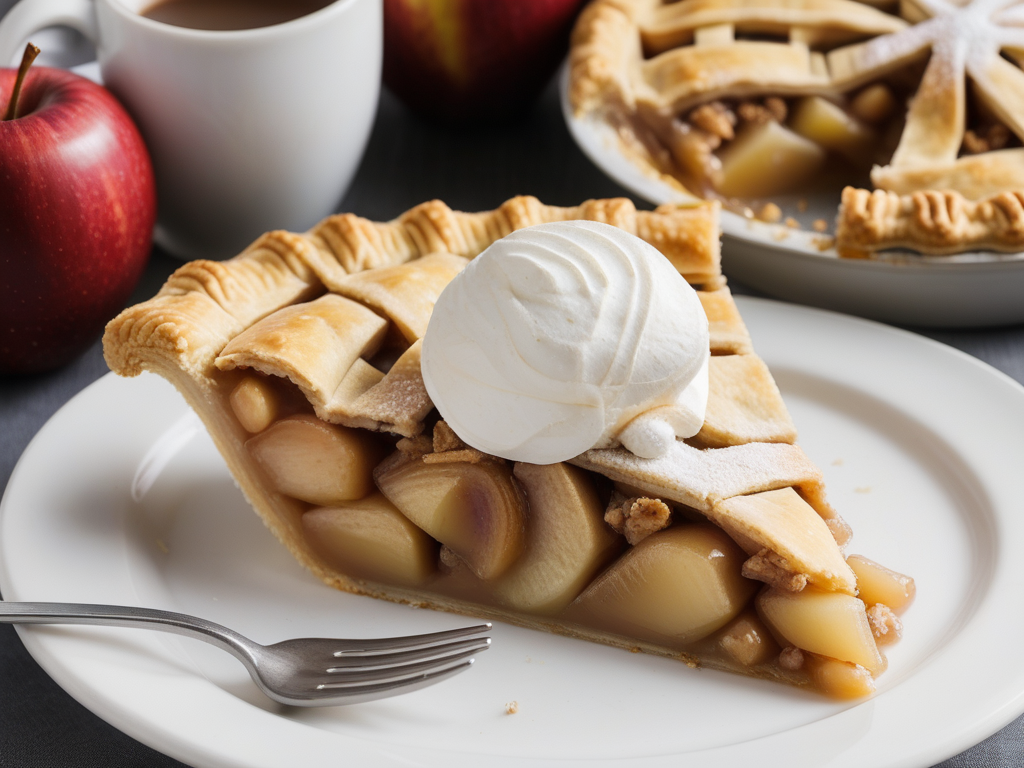Delicious Slice of Homemade Apple Pie Topped with Creamy Whipped Topping.