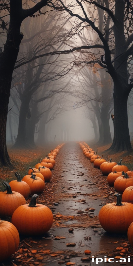 Enchanted Autumn Pathway Lined with Glowing Pumpkins and Misty Trees