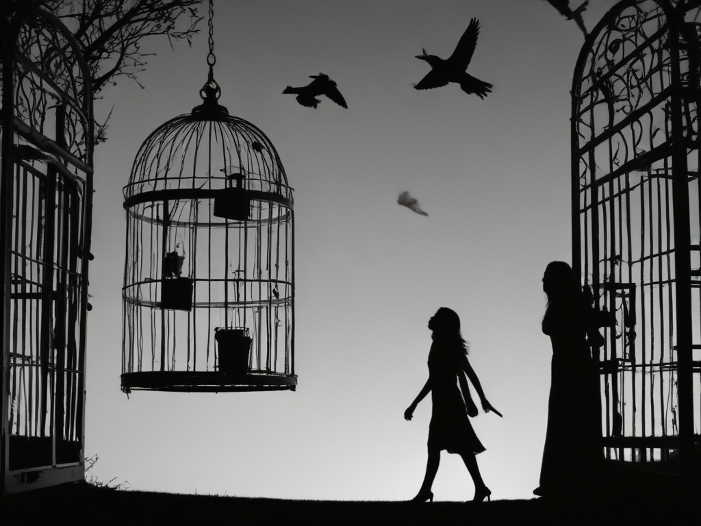 Silhouette of Woman escaping a bird cage