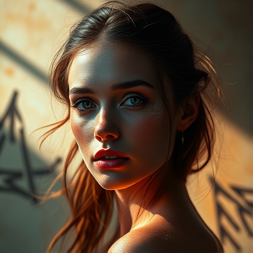 Create a high-resolution portrait of a female figure with dramatic lighting and abstract textures, using a Canon EOS R5 with a 50mm f/1.2 lens at ISO 100, aperture f/2.8, and a shutter speed of 1/125 seconds to capture fine details and vibrant colors.