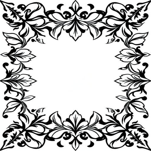 Create an intricate, black and white patterned border featuring symmetrical leaf shapes on all sides, enclosing a blank central square for text or image placement.