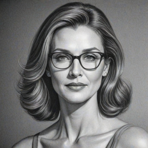 Delightful Brenda Strong, pencil sketch, portrait of Stunning woman 1968s in glasses, hair style beatnik, outline, clear lines, fine lines, 8k