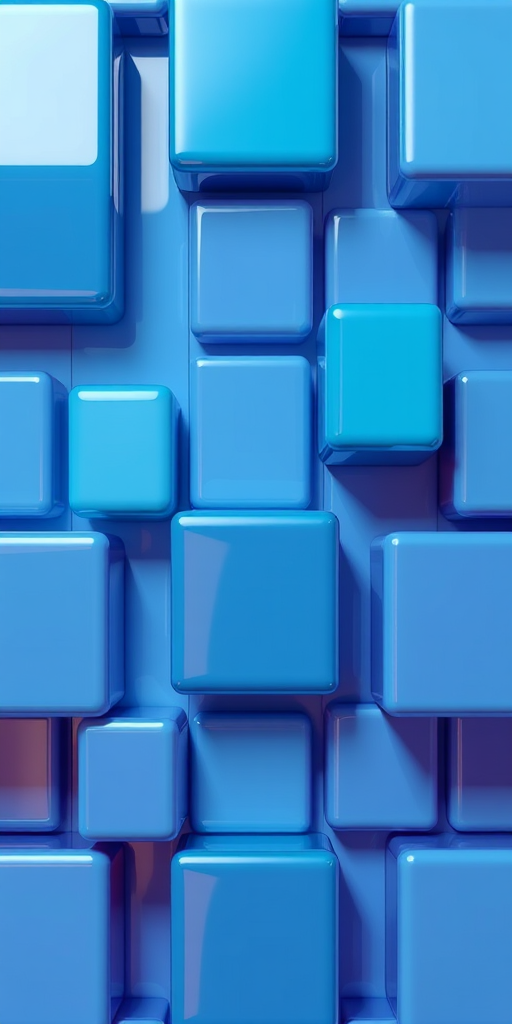 Create a seamless 3D geometric pattern of glossy cubes in shades of blue, teal, and purple with soft reflections, using a DSLR camera at f/5.6 aperture, ISO 200, 1/60 shutter speed, in a top-down view with dramatic lighting to enhance depth and reflections.