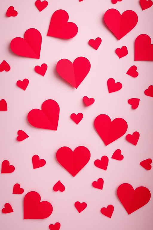Create a vibrant image of red paper hearts scattered across a soft gradient background, using a Canon EOS R5 with an aperture of f/4, shutter speed of 1/60s, ISO 100, wide-angle lens, and a top-down view to enhance the details and depth of the hearts.