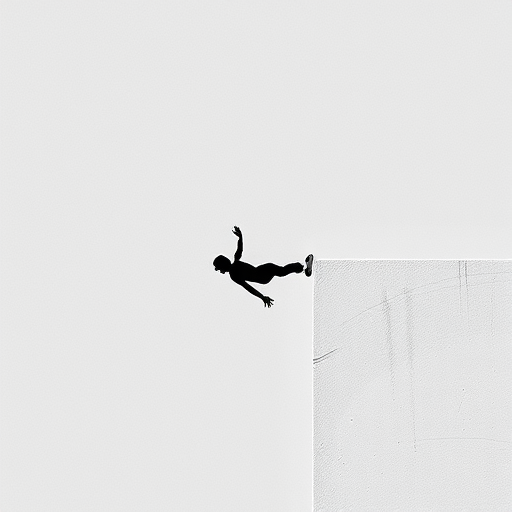 Create a high-resolution minimalist icon depicting a falling figure near an edge, using a Canon EOS R5 camera, 50mm lens, f/2.8 aperture, ISO 100, and natural lighting for enhanced clarity and sharpness.