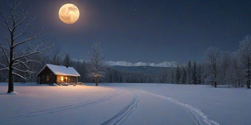 Peaceful winter scene, with a snow-covered landscape, a lone cabin emitting smoke from the chimney, and a bright full moon illuminating the tranquil night.