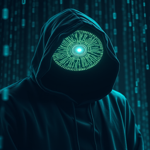 Create a digitally rendered image of a hooded figure with a glowing, circuit-patterned orb for a head, surrounded by cascading binary code, using a 50mm lens, f/1.8 aperture, ISO 100, low-light conditions, and a cinematic perspective to enhance detail and depth.