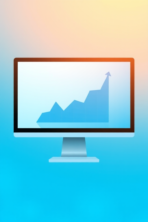 design a modern flat icon of a computer monitor displaying a rising graph with blue hues, minimalistic style, high resolution, captured with a DSLR camera at f/8 aperture, 50mm lens, natural light, soft focus background